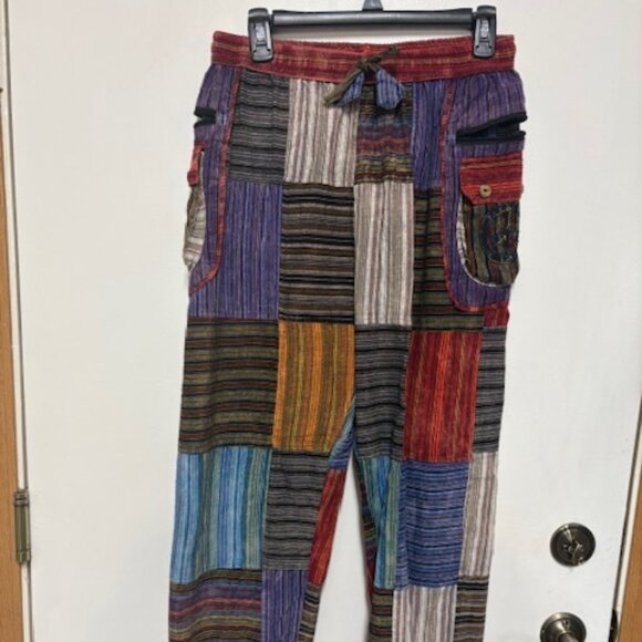 NEW 100% COTTON ELASTIC WAIST PATCHWORK POCKETS LOUNGE PANTS. SZ. L - Picture 1 of 4